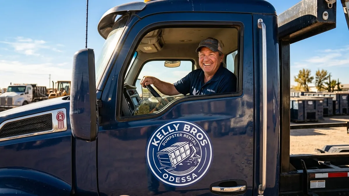 The Kelly Bros Dumpster Rental team in Odessa Kelly Bros Dumpster Rental Odessa crew at the Odessa yard