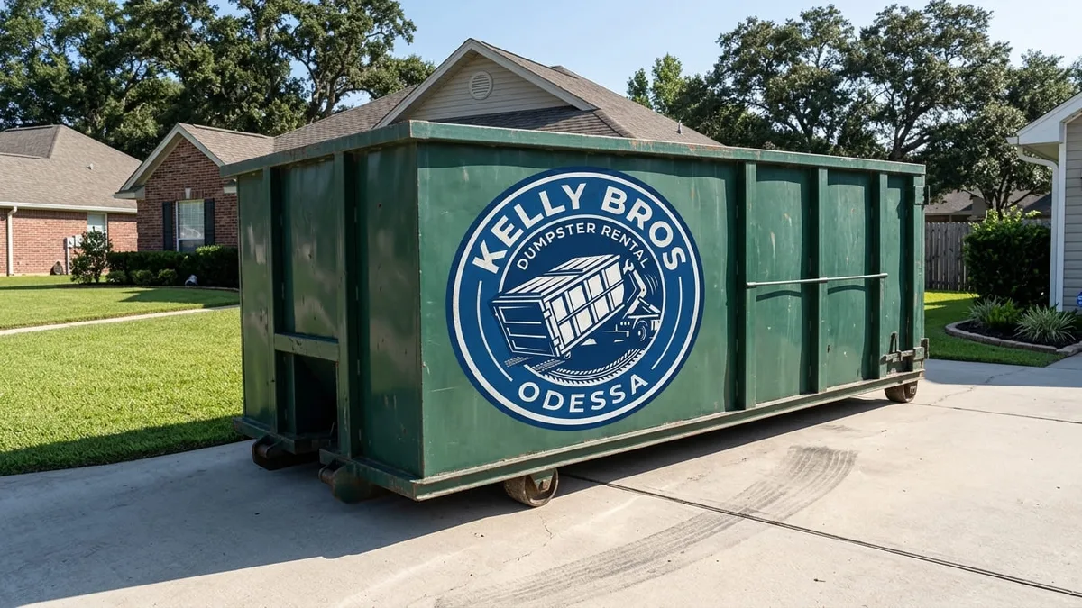 Dumpster rental in Odessa, TX Kelly Bros Dumpster Rental roll-off dumpster being delivered to a Odessa, Texas driveway